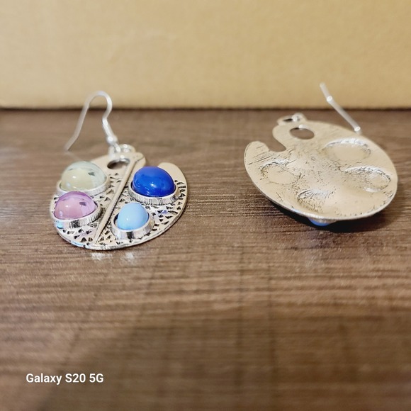 Handmade Art Palette Earrings Multi Color Gemstones Silver Tone Dangle 2.5" - Picture 3 of 4